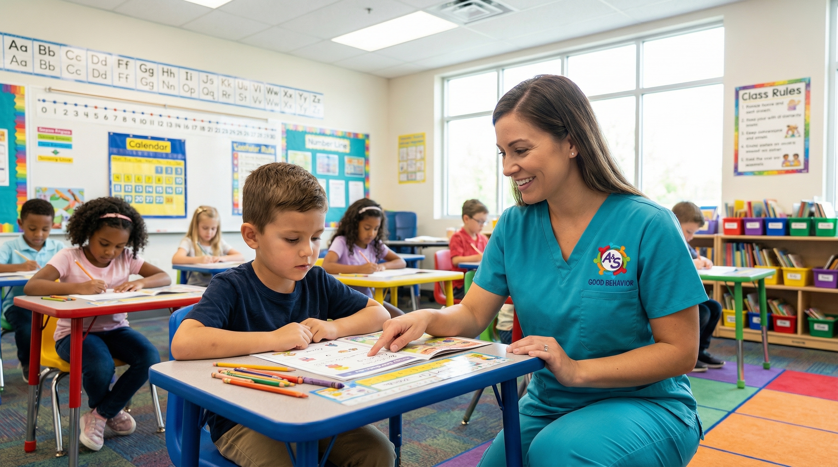 Therapist helping a child in school classroom setting