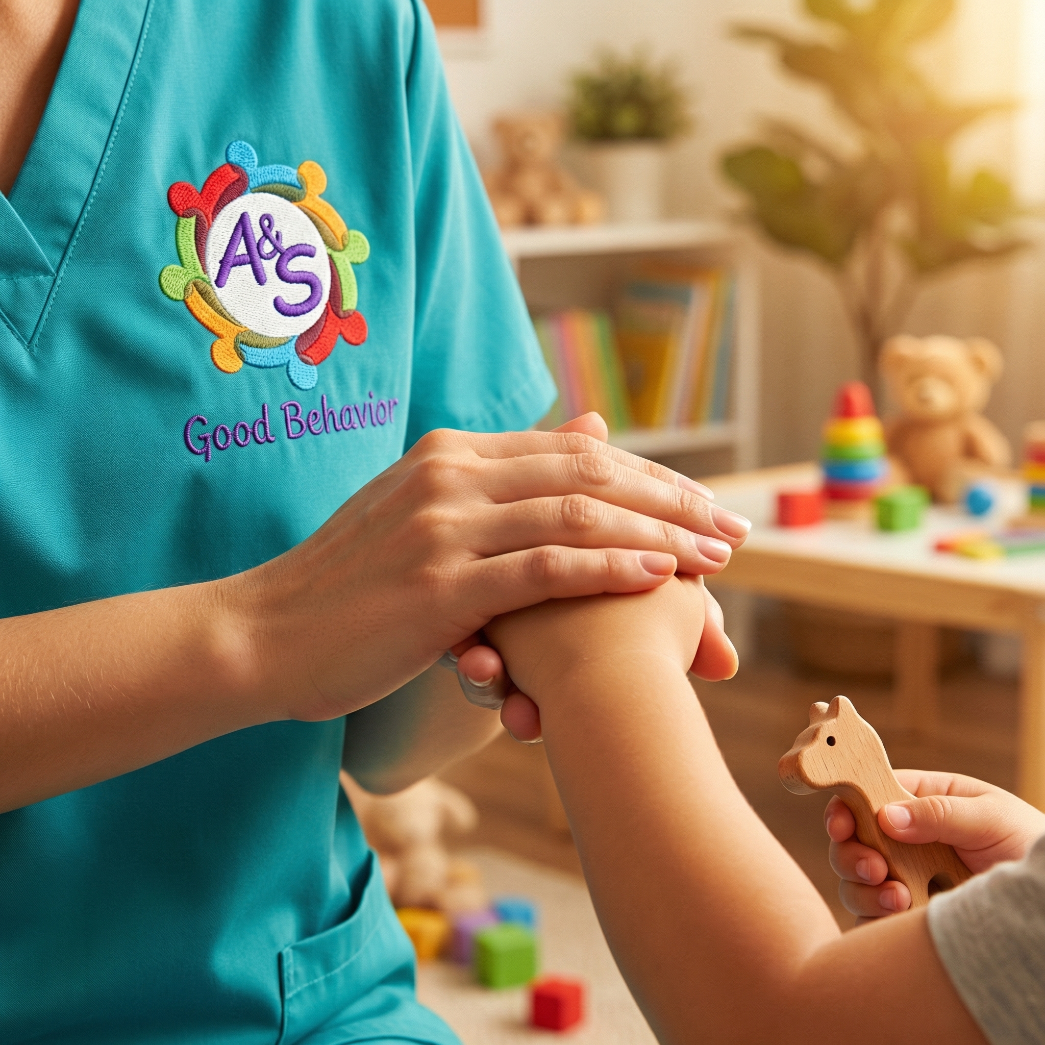 Therapist gently holding a child's hand