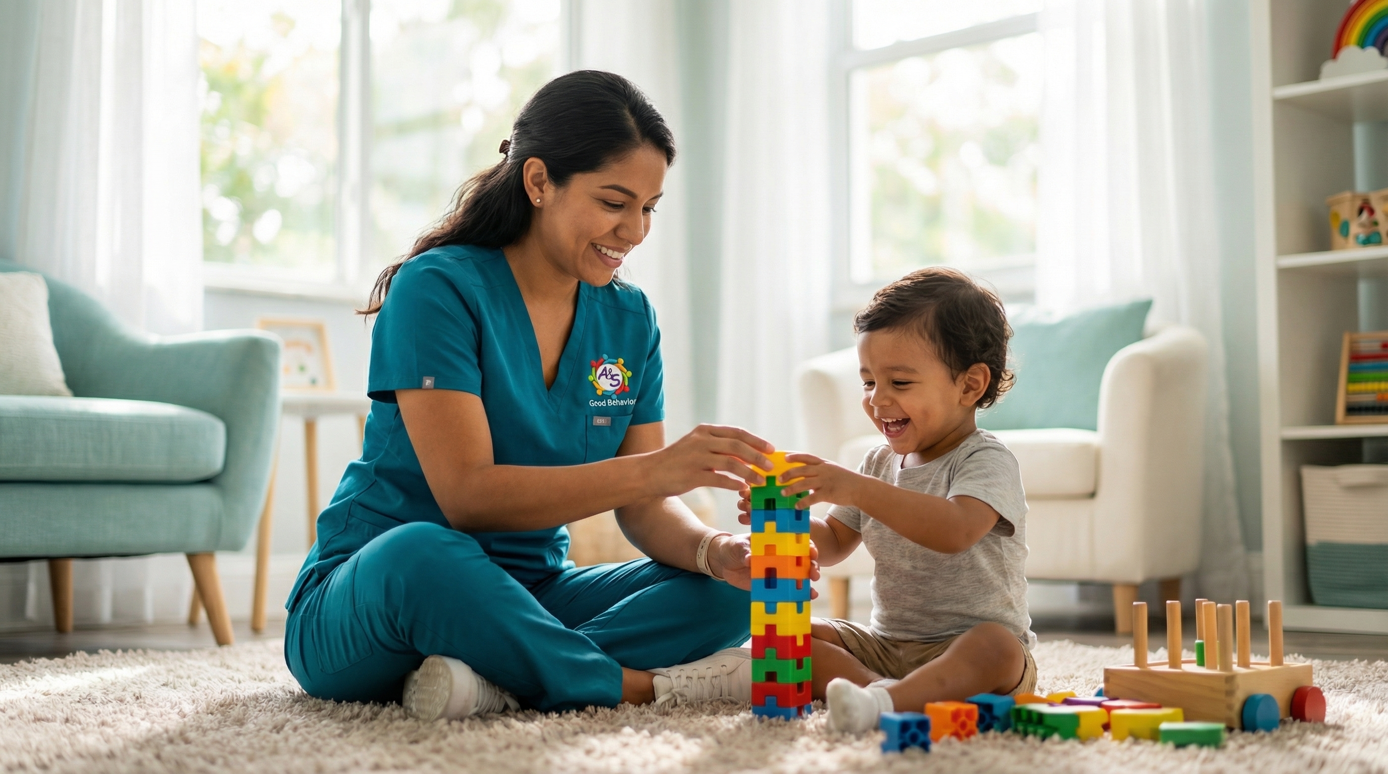 A&S Good Behavior therapist playing with a happy child during an ABA therapy session