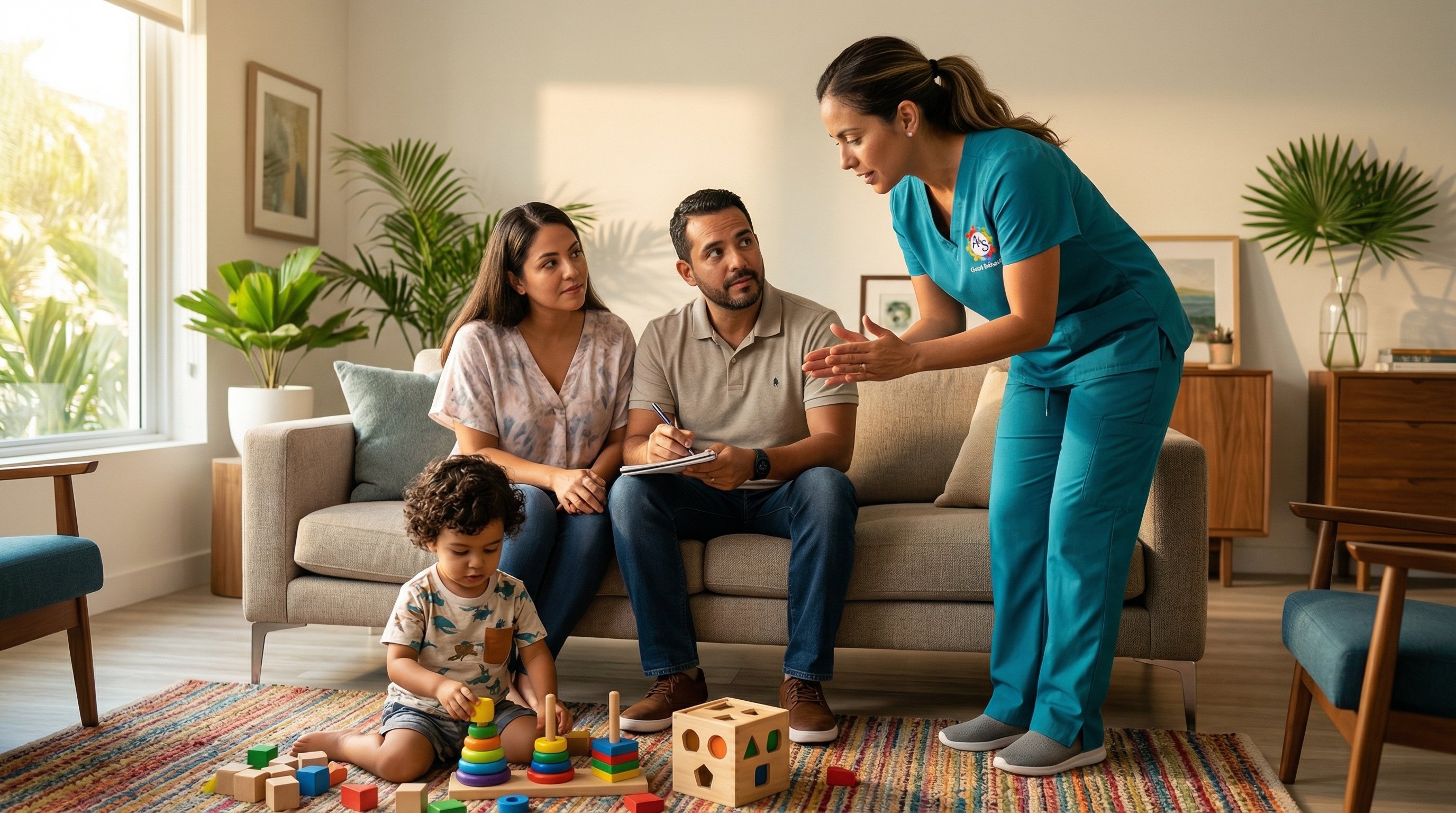 Therapist training parents on ABA techniques