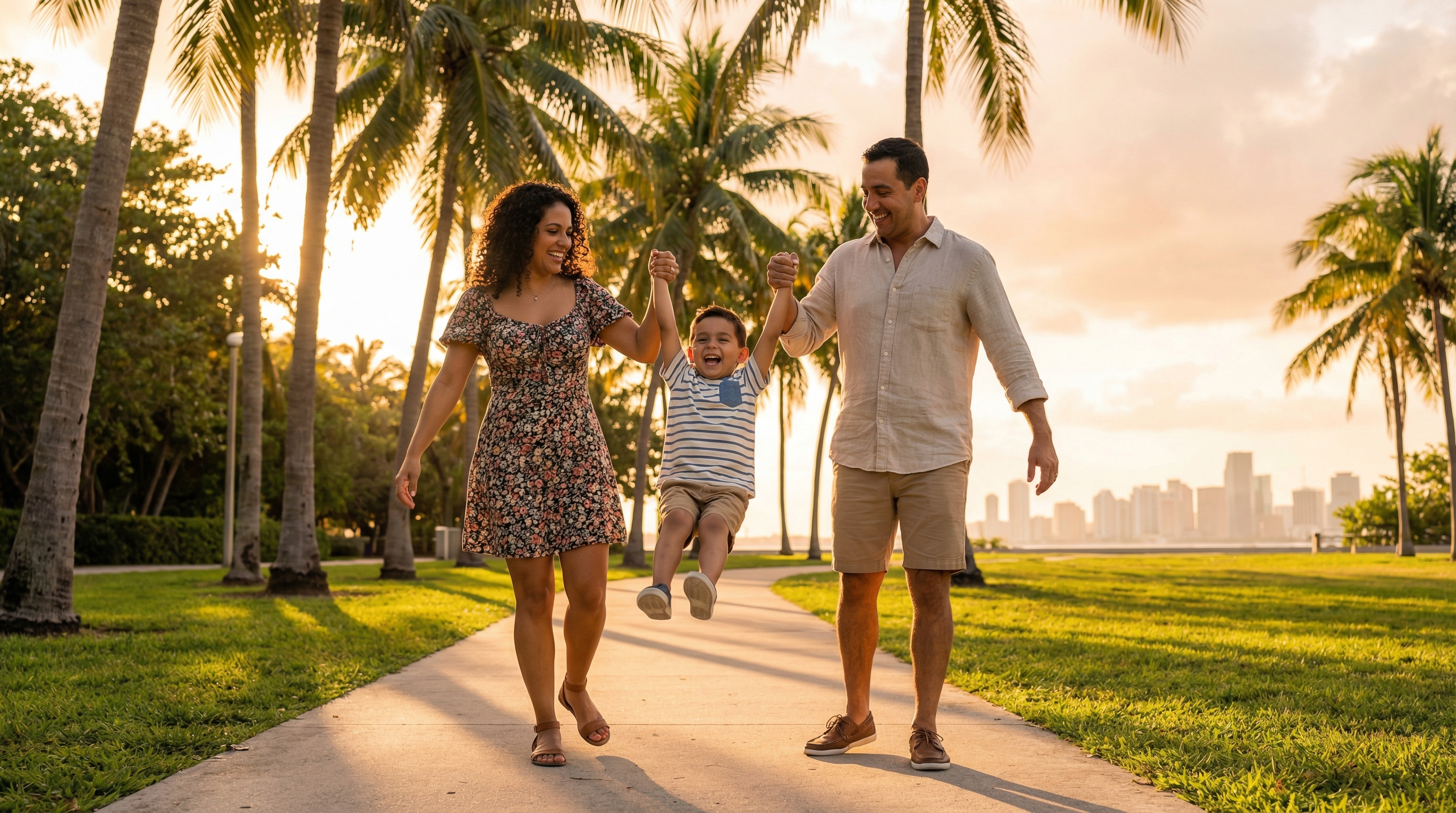 Happy family walking in Miami after successful ABA therapy